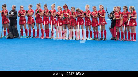 Les joueurs de Belgique photographiés au début du match entre l'Australie et la Belgique dans le groupe D à la coupe du monde des femmes de hockey, à Londres, Royaume-Uni, le mardi 24 juillet 2018. La coupe du monde des femmes de hockey a lieu du 21 juillet au 05 août au Lee Valley Hockey Centre de Londres. BELGA PHOTO BENOIT DOPPAGNE Banque D'Images