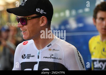 Britannique Chris Froome de Team Sky photographié au début de l'étape 18th de l'édition 105th de la course cycliste Tour de France, 171km de Trie-sur-Baise à Pau, France, jeudi 26 juillet 2018. Le Tour de France de cette année se déroule de 7 juillet à 29 juillet. BELGA PHOTO DAVID STOCKMAN Banque D'Images