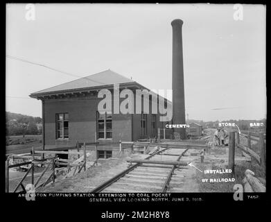 Service de distribution, station de pompage d'Arlington, extension à la poche de charbon, vue générale vers le nord, Arlington, Mass., 3 juin 1918 , travaux d'eau, stations de pompage, chantiers de construction Banque D'Images