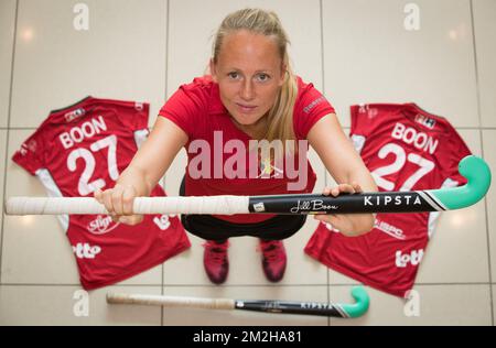 Jill Boon, de Belgique, pose pour photographe lors d'un dimanche de repos de la coupe du monde des femmes de hockey, à Londres, Royaume-Uni, dimanche 29 juillet 2018. La coupe du monde des femmes de hockey aura lieu du 21 juillet au 05 août au Lee Valley Hockey Centre de Londres. BELGA PHOTO BENOIT DOPPAGNE Banque D'Images