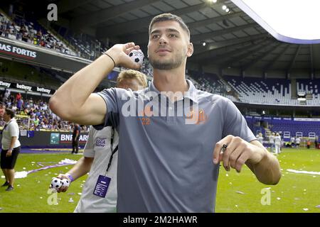 Elias Cobbaut d'Anderlecht photographié pendant la journée des fans de l'équipe de football RSC Anderlecht, dimanche 29 juillet 2018 à Anderlecht, Bruxelles. BELGA PHOTO NICOLAS MATERLINCK Banque D'Images