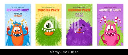 Ensemble carte d'invitation d'anniversaire avec monstres amusants et mignons. Illustration de Vecteur