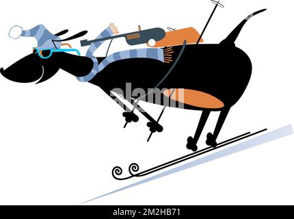 Chien de compétition de biathlon de dessin animé. Ski biathlon concurrent dachshund. Isolé sur fond blanc Illustration de Vecteur