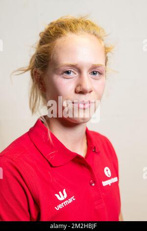Belge Margo Van Puyvelde photographié lors d'une conférence de presse de l'Union belge d'athlétisme KBAB/LBFA en prévision des Championnats d'Europe, lundi 30 juillet 2018, à Bruxelles. Les Championnats d'Europe se déroulent du 06 au 12 août 2018 à Berlin, en Allemagne. BELGA PHOTO JAMES ARTHUR GEKIERE Banque D'Images