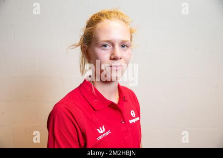 Belge Margo Van Puyvelde photographié lors d'une conférence de presse de l'Union belge d'athlétisme KBAB/LBFA en prévision des Championnats d'Europe, lundi 30 juillet 2018, à Bruxelles. Les Championnats d'Europe se déroulent du 06 au 12 août 2018 à Berlin, en Allemagne. BELGA PHOTO JAMES ARTHUR GEKIERE Banque D'Images