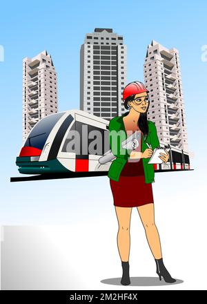 Dortoir , tram et femme ingénieur civil. Illustration du vecteur de couleur 3D Illustration de Vecteur