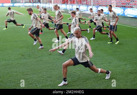 L'illustration montre une session d'entraînement du club néerlandais de football AFC Ajax, lundi 06 août 2018 à Liège. L'équipe se prépare pour la première partie du troisième tour de qualification de la Ligue des champions de l'UEFA contre le Standard de Liège des Belges. BELGA PHOTO VIRGINIE LEFOUR Banque D'Images