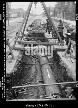 Service de distribution, lignes de tuyauterie de service bas, installation d'une vanne de 16 pouces et d'un compteur de 10 pouces sur une conduite principale de 24 pouces, Broadway, Somerville-Boston, Boston; Somerville, Masse, 12 juin 1917 , travaux d'eau, conduites de tuyaux, chantiers de construction Banque D'Images