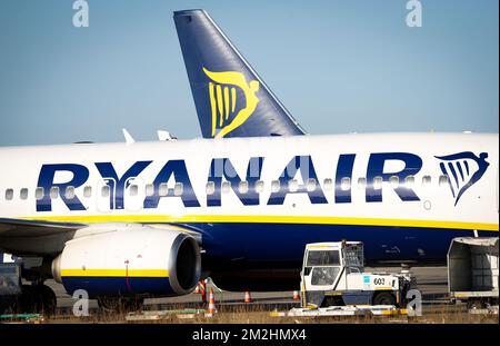 L'illustration montre des avions de Ryanair lors d'une grève des pilotes de la compagnie aérienne irlandaise à bas prix Ryanair en Belgique, le vendredi 10 août 2018 à l'aéroport de Charleroi (Bruxelles-Sud). Des pilotes de plusieurs pays, dont l'Allemagne, la Suède et les pays-Bas, sont en grève pour de meilleurs droits et la reconnaissance d'un syndicat. BELGA PHOTO VIRGINIE LEFOUR Banque D'Images