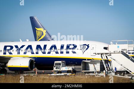 L'illustration montre des avions de Ryanair lors d'une grève des pilotes de la compagnie aérienne irlandaise à bas prix Ryanair en Belgique, le vendredi 10 août 2018 à l'aéroport de Charleroi (Bruxelles-Sud). Des pilotes de plusieurs pays, dont l'Allemagne, la Suède et les pays-Bas, sont en grève pour de meilleurs droits et la reconnaissance d'un syndicat. BELGA PHOTO VIRGINIE LEFOUR Banque D'Images
