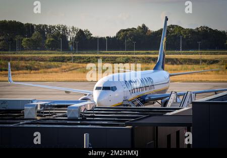 L'illustration montre des avions de Ryanair lors d'une grève des pilotes de la compagnie aérienne irlandaise à bas prix Ryanair en Belgique, le vendredi 10 août 2018 à l'aéroport de Charleroi (Bruxelles-Sud). Des pilotes de plusieurs pays, dont l'Allemagne, la Suède et les pays-Bas, sont en grève pour de meilleurs droits et la reconnaissance d'un syndicat. BELGA PHOTO VIRGINIE LEFOUR Banque D'Images