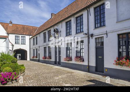 Maisons blanches de 17th siècles des béguines dans la cour de la Béguinage d'Oudenaarde, Flandre orientale, Belgique | Béguinage à Audenarde, Flandre orientale, Belgique 13/08/2018 Banque D'Images