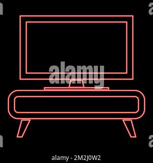 Neon TV set sur le placard commode table de chevet Home concept intérieur rouge couleur vecteur illustration image plat style lumière Illustration de Vecteur