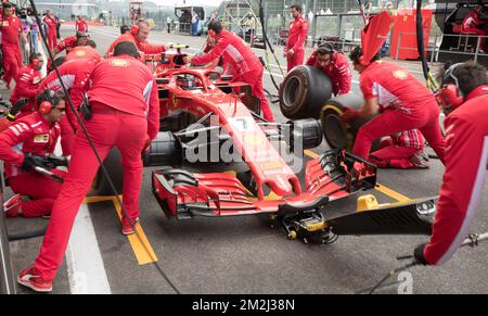 Kimi Raikkonen, pilote finlandais de Ferrari, photographié lors de l'essai gratuit devant le Grand Prix de Formule 1 de Spa-Francorchamps, à Spa-Francorchamps, le vendredi 24 août 2018. BELGA PHOTO BENOIT DOPPAGNE Banque D'Images