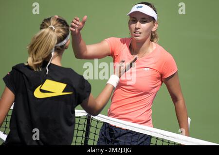 Victoria Azarenka Belorussian et Elise Mertens Belge photographiés après une séance d'entraînement avant le début du tournoi de tennis américain Open Grand Chelem 118th, à Flushing Meadow, à New York City, États-Unis, le vendredi 24 août 2018. BELGA PHOTO YORICK JANSENS Banque D'Images