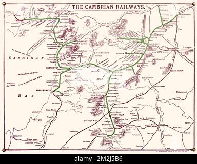 Une carte ancienne des chemins de fer Cambrian du réseau ferroviaire Cambrian au centre du pays de Galles et aux frontières Banque D'Images