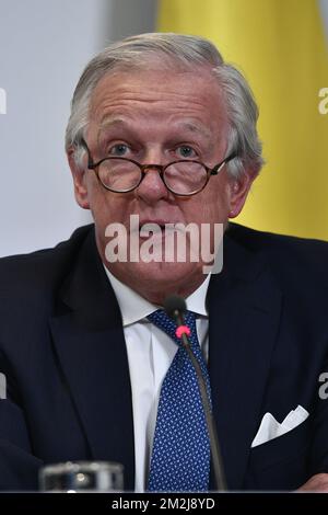 Le ministre des Pensions Daniel Bacquelaine en photo lors d'une conférence de presse faisant suite à la réunion du conseil des ministres du gouvernement fédéral à Bruxelles, le vendredi 31 août 2018. BELGA PHOTO ERIC LALMAND Banque D'Images