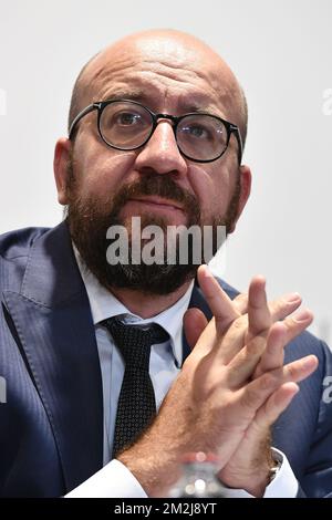 Le Premier ministre belge Charles Michel en photo lors d'une conférence de presse faisant suite à la réunion du conseil des ministres du gouvernement fédéral à Bruxelles, le vendredi 31 août 2018. BELGA PHOTO ERIC LALMAND Banque D'Images