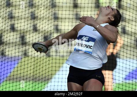 Croatie Sandra Perkovic photographiée en action lors de l'édition 2018 de la rencontre AG Insurance Memorial Van Damme IAAF Diamond League Athletics, vendredi 31 août 2018 à Bruxelles. BELGA PHOTO DIRK WAEM Banque D'Images