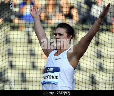 Croatie Sandra Perkovic photographiée en action lors de l'édition 2018 de la rencontre AG Insurance Memorial Van Damme IAAF Diamond League Athletics, vendredi 31 août 2018 à Bruxelles. BELGA PHOTO DIRK WAEM Banque D'Images