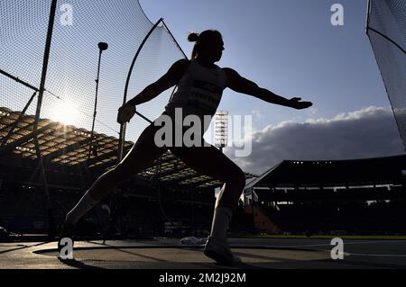 Croatie Sandra Perkovic photographiée en action lors de l'édition 2018 de la rencontre AG Insurance Memorial Van Damme IAAF Diamond League Athletics, vendredi 31 août 2018 à Bruxelles. BELGA PHOTO DIRK WAEM Banque D'Images