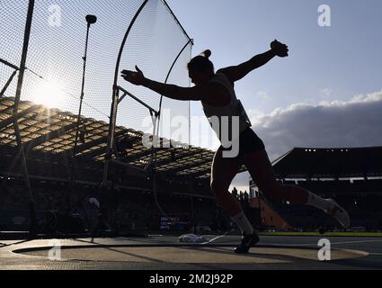 Croatie Sandra Perkovic photographiée en action lors de l'édition 2018 de la rencontre AG Insurance Memorial Van Damme IAAF Diamond League Athletics, vendredi 31 août 2018 à Bruxelles. BELGA PHOTO DIRK WAEM Banque D'Images