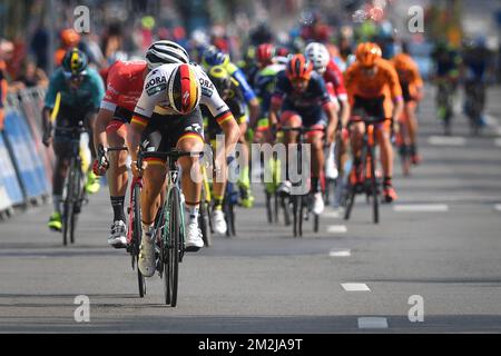 German Pascal Ackermann de Bora-Hansgrohe fait ses courses pour la fin de la course cycliste « Brussels Cycling Classic », à 201,4 km de et à Bruxelles, le samedi 01 septembre 2018. BELGA PHOTO DAVID STOCKMAN Banque D'Images
