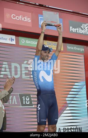 Espagnol Alejandro Valverde de Movistar Team célèbre après avoir remporté la huitième étape de la 'Vuelta a Espana', Tour de l'Espagne course cycliste, 195,1 km de Linares à Almaden, Espagne, samedi 01 septembre 2018. BELGA PHOTO YUZURU SUNADA FRANCE OUT Banque D'Images
