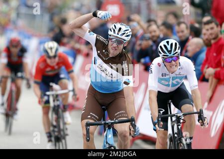 Français Alexandre Geniez de AG2R la Mondiale fête après la phase 11th de la 'Vuelta a Espana', Tour d'Espagne course cycliste, 181,1km de Mondonedo à Faro de Estaca de Bares, Manon, Espagne, jeudi 06 septembre 2018. BELGA PHOTO YUZURU SUNADA FRANCE OUT Banque D'Images