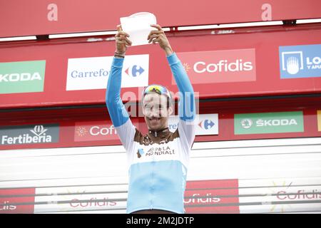 Français Alexandre Geniez de AG2R la Mondiale fête après la phase 11th de la 'Vuelta a Espana', Tour d'Espagne course cycliste, 181,1km de Mondonedo à Faro de Estaca de Bares, Manon, Espagne, jeudi 06 septembre 2018. BELGA PHOTO YUZURU SUNADA FRANCE OUT Banque D'Images