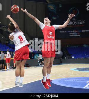 Cats belges Marjorie Carpreaux et Cats belges Julie Vanloo lutte pour le bal lors d'une session de formation de l'équipe nationale belge Cats belges, lundi 24 septembre 2018 à Tenerife, Espagne, tandis que Cats sont dans la phase de groupe de la Champioship du monde des femmes, dans le Groupe C. BELGA PHOTO VIRGINIE LEFOUR Banque D'Images