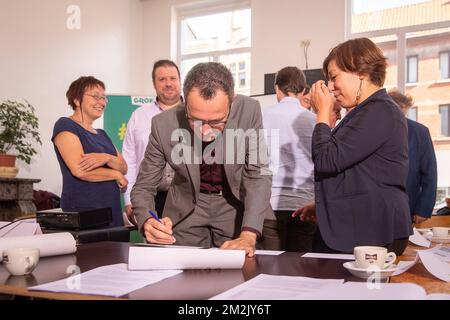 L'illustration montre une réunion avec Groen, responsable des listes des principales villes flamandes et de Bruxelles, à Gand, le mercredi 26 septembre 2018. Des élections locales ont lieu le 14 octobre en Belgique. BELGA PHOTO JAMES ARTHUR GEKIERE Banque D'Images