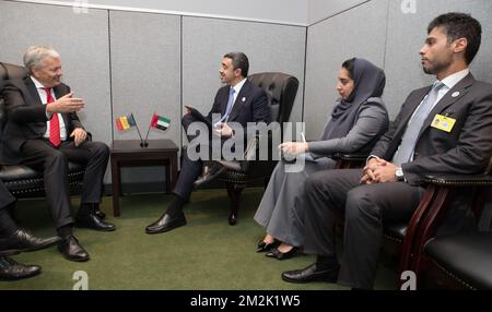 Le ministre belge des Affaires étrangères Didier Reynders rencontre le ministre des Affaires étrangères et de la coopération des Émirats arabes Unis, Seik Abdullah bin Zayed Al Nahyan, lors de la session de 73th de l'Assemblée générale des Nations Unies (AGNU 73), à New York (États-Unis d'Amérique), le vendredi 28 septembre 2018. BELGA PHOTO BENOIT DOPPAGNE Banque D'Images