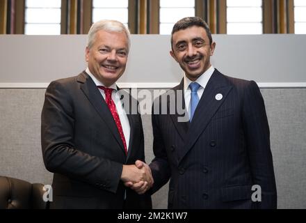 Le ministre belge des Affaires étrangères Didier Reynders rencontre le ministre des Affaires étrangères et de la coopération des Émirats arabes Unis, Seik Abdullah bin Zayed Al Nahyan, lors de la session de 73th de l'Assemblée générale des Nations Unies (AGNU 73), à New York (États-Unis d'Amérique), le vendredi 28 septembre 2018. BELGA PHOTO BENOIT DOPPAGNE Banque D'Images