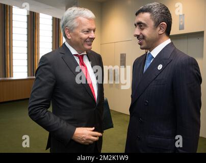 Le ministre belge des Affaires étrangères Didier Reynders rencontre le ministre des Affaires étrangères et de la coopération des Émirats arabes Unis, Seik Abdullah bin Zayed Al Nahyan, lors de la session de 73th de l'Assemblée générale des Nations Unies (AGNU 73), à New York (États-Unis d'Amérique), le vendredi 28 septembre 2018. BELGA PHOTO BENOIT DOPPAGNE Banque D'Images