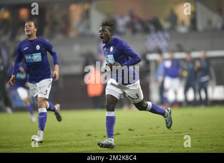 Jacques Zoua de Beerschot célèbre après avoir marqué un match de football entre Beerschot Wilrijk et AFC Tubize, le samedi 06 octobre 2018 à Anvers, le neuvième jour de la division Proximus League 1B du championnat belge de football. BELGA PHOTO JOHN THYS Banque D'Images