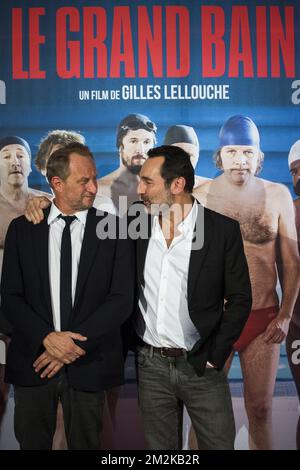 L'acteur belge Benoit Poelvoorde et le réalisateur français Gilles Lellouche photographiés lors de la première du film le Grand bain du réalisateur Lellouche à l'UGC Debrouckere, mardi 09 octobre 2018. BELGA PHOTO LAURIE DIEFFEMBACQ Banque D'Images