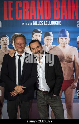 L'acteur belge Benoit Poelvoorde et le réalisateur français Gilles Lellouche photographiés lors de la première du film le Grand bain du réalisateur Lellouche à l'UGC Debrouckere, mardi 09 octobre 2018. BELGA PHOTO LAURIE DIEFFEMBACQ Banque D'Images