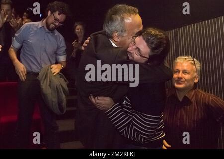 Watermael-Boitsfort / le maire de Watermaal-Bosvoorde, Ecolo Olivier Deleuze, et le maire de Vorst/ Forest, Stephane Roberti, photographiés lors d'un bureau du parti Vert francophone, Ecolo, lundi 15 octobre 2018 à Bruxelles, après les élections locales et provinciales d'hier en Belgique. BELGA PHOTO LAURIE DIEFFEMBACQ Banque D'Images