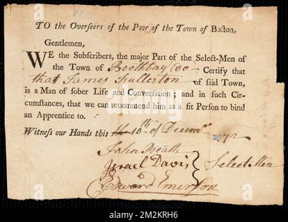 Document d'acte de fiducie: Serviteur: White, Hannah. Maître : Fullerton, James. Ville de Maître: Boothbay. Selectmen de la ville de Boothbay document autographe signé aux Overseers of the Poor de la ville de Boston : certificat d'endossement pour James Fullerton. , Domestiques, travail des enfants Banque D'Images