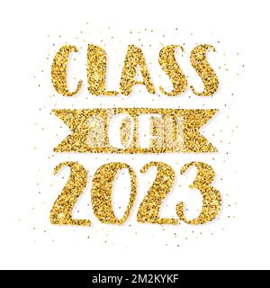 Classe de 2023. Lettrage au pinceau dessiné à la main logo de graduation. Modèle pour la remise des diplômes, fête. Or Illustration de Vecteur