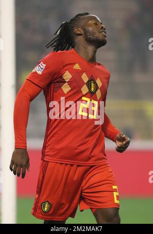 Michy Batshuayi, de Belgique, célèbre après avoir marqué le but 2-0 lors du match entre l'équipe nationale belge des Red Devils et l'Islande, à Bruxelles, le jeudi 15 novembre 2018, dans la Ligue des Nations. PHOTO DE BELGA Banque D'Images