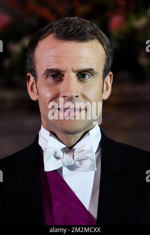 Le président de la France Emmanuel Macron en photo lors du banquet d'État au Château Royal de Laken/Laeken, Bruxelles, le premier jour de la visite d'État du président français en Belgique, le lundi 19 novembre 2018. BELGA PHOTO BENOIT DOPPAGNE Banque D'Images