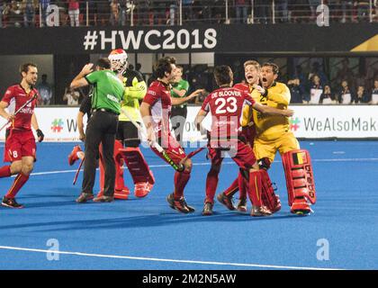 Belgique les Lions rouges célèbrent le titre de champions du monde le dernier match entre l'équipe nationale belge de hockey les Lions rouges et les pays-Bas à Bhubaneswar, en Inde, à la coupe du monde de hockey, dimanche 16 décembre 2018. BELGA PHOTO SÉBASTIEN TECHY Banque D'Images