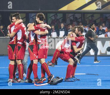 Belgique les Red Lions célébrant leur titre mondial de hockey le dernier match entre l'équipe nationale belge de hockey les Red Lions et les pays-Bas à Bhubaneswar, en Inde, lors de la coupe du monde de hockey, dimanche 16 décembre 2018. BELGA PHOTO SÉBASTIEN TECHY Banque D'Images