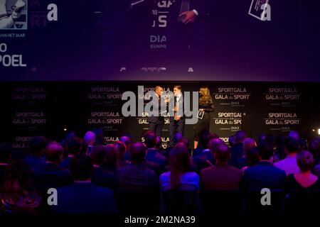 Karl Vannieuwkerke, Belgian Remco Evenepoel and Elodie De Selys pictured during the gala evening for the sport women and men of the year 2018 awards, Saturday 22 December 2018, in Brussels. BELGA PHOTO LAURIE DIEFFEMBACQ-JASPER JACOBS-GREGORY VAN GANSEN-PHILIPPE CROCHET Stock Photo