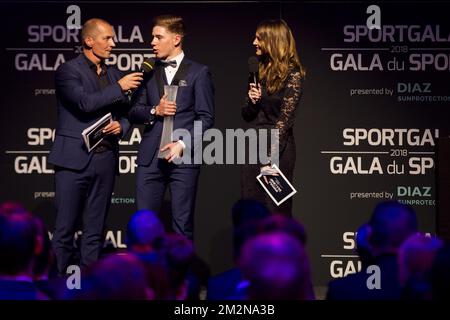 Karl Vannieuwkerke, Belgian Remco Evenepoel and Elodie De Selys pictured during the gala evening for the sport women and men of the year 2018 awards, Saturday 22 December 2018, in Brussels. BELGA PHOTO LAURIE DIEFFEMBACQ-JASPER JACOBS-GREGORY VAN GANSEN-PHILIPPE CROCHET Stock Photo