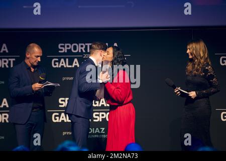 Karl Vannieuwkerke, Remco Evenepoel belge et ancien gymnaste belge Aagje Vanwalleghem photographiés lors de la soirée de gala pour les femmes et hommes sportifs de l'année 2018, samedi 22 décembre 2018, à Bruxelles. BELGA PHOTO LAURIE DIEFFEMBACQ-JASPER JACOBS-GREGORY VAN GANSEN-PHILIPPE CROCHET Banque D'Images