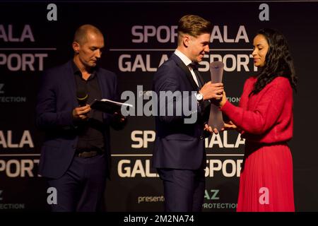 Karl Vannieuwkerke, Remco Evenepoel belge et ancien gymnaste belge Aagje Vanwalleghem photographiés lors de la soirée de gala pour les femmes et hommes sportifs de l'année 2018, samedi 22 décembre 2018, à Bruxelles. BELGA PHOTO LAURIE DIEFFEMBACQ-JASPER JACOBS-GREGORY VAN GANSEN-PHILIPPE CROCHET Banque D'Images