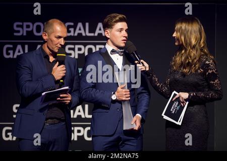 Karl Vannieuwkerke, Belgian Remco Evenepoel and Elodie De Selys pictured during the gala evening for the sport women and men of the year 2018 awards, Saturday 22 December 2018, in Brussels. BELGA PHOTO LAURIE DIEFFEMBACQ-JASPER JACOBS-GREGORY VAN GANSEN-PHILIPPE CROCHET Stock Photo